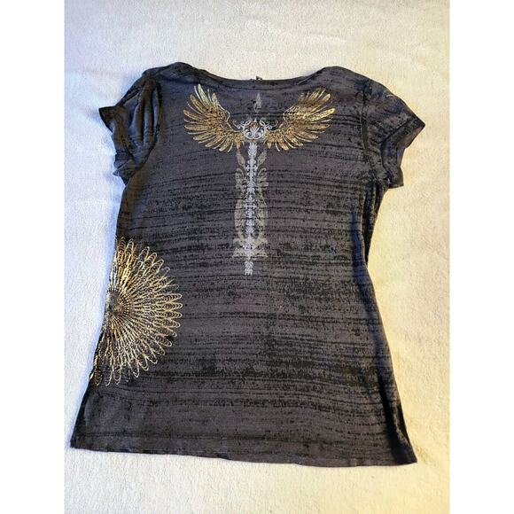 VTG Y2K Express Rhinestone Baby Tee Top Graphic T-shirt Black Gold Med Sparkle - Picture 1 of 11